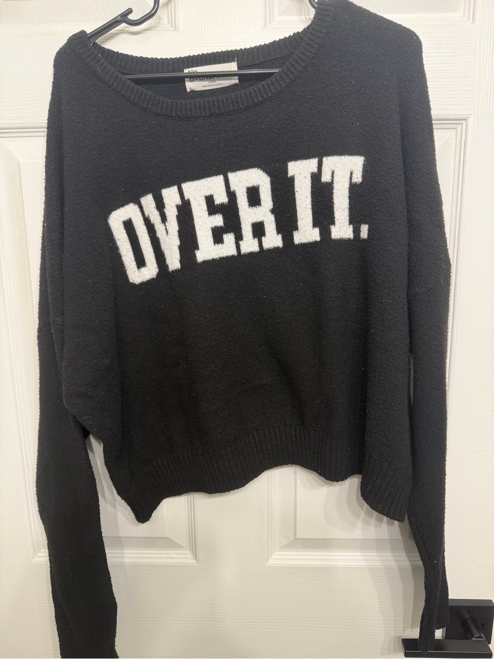 No Boundaries Black Crewneck Sweater with White 'OVER IT.' Graphic